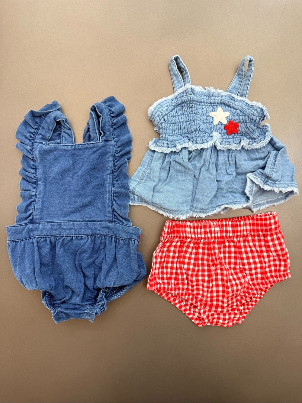 Kids Blue Denim Romper & Top Set with Red Gingham Bloomers - Size 3m